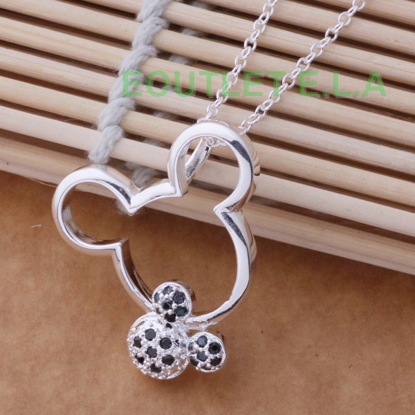 CUTE 27mm CRYSTAL TWIN MOUSE HEAD SILVER NECKLACE-45cm